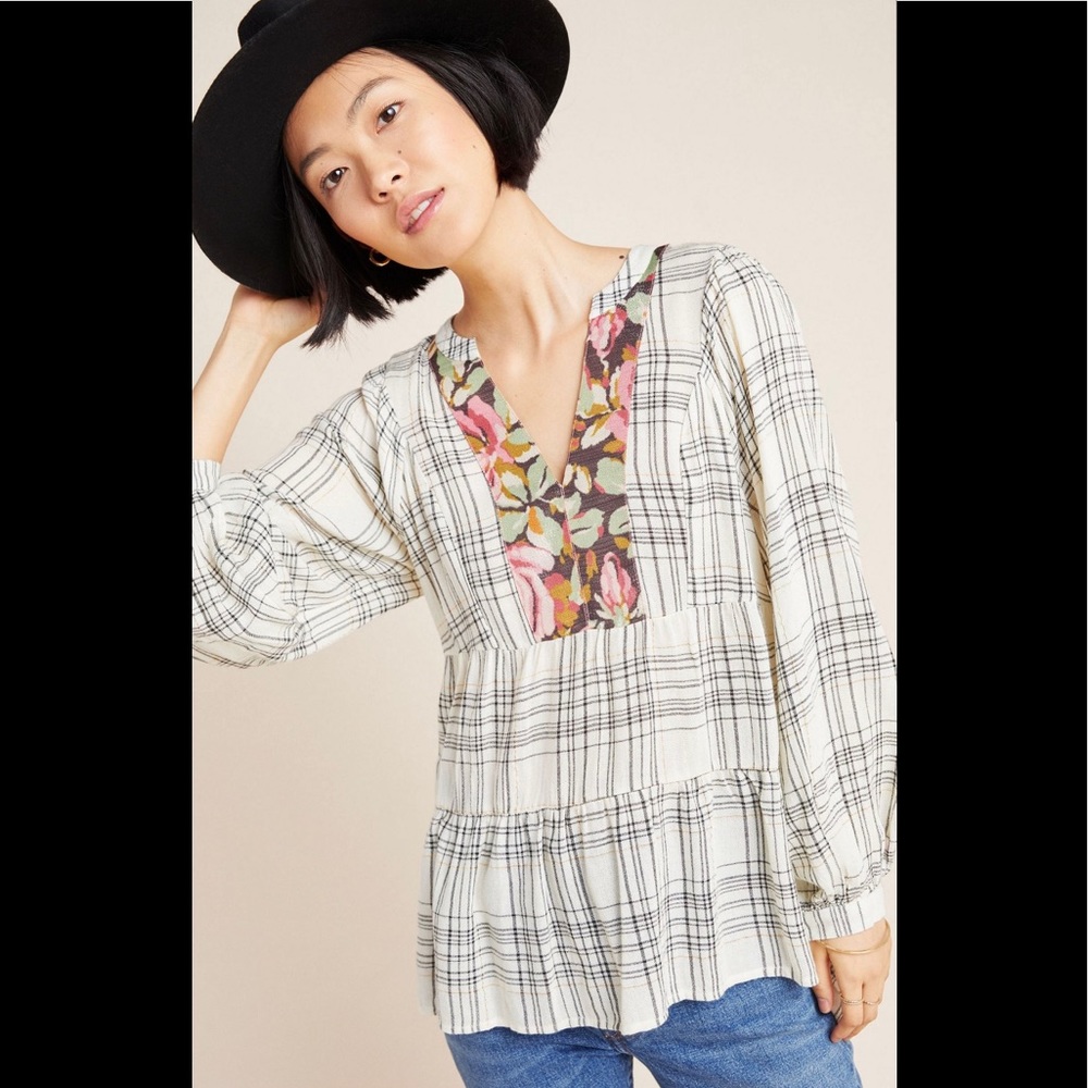 Anthropologie Darlene Plaid Peasant Blouse Size S